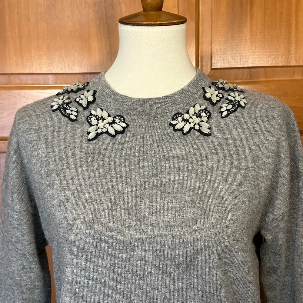 J Crew Women's Opal Embellished Crew Neck Sweater Top Gray EUC Size Small